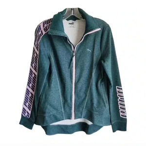 Puma Green Zip Sweatshirt | Women’s M | Pink Accents, Hi-Low Hem, Branded Sleeve